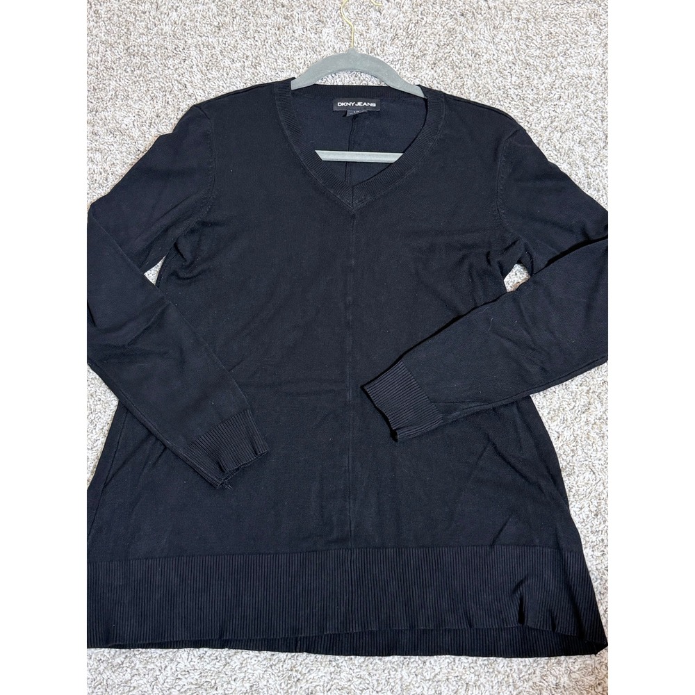 DKNY Jeans Womens Black V-Neck Long Sleeve Pullover Sweater L P8HCS087